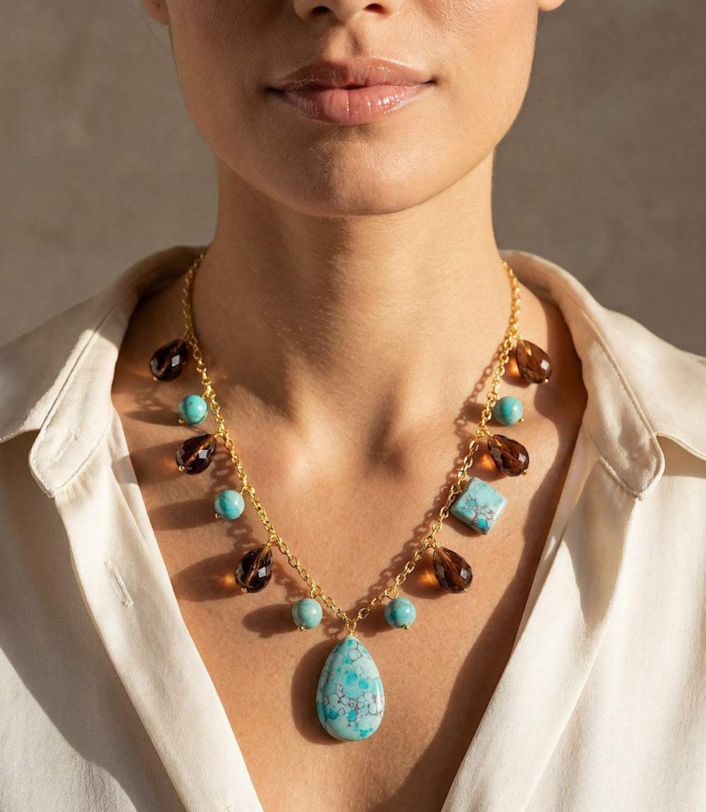 Karen Kane Women's Dangling Turquoise And Gemstone Necklace, One Size, Turquoise And Brown, Gold | Karen Kane