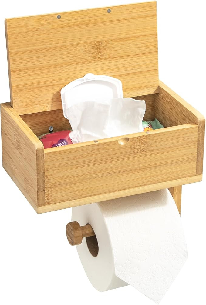 Bamboo Toilet Paper Holder with Shelf, Storage, and Lid Wipes Holder Wall Mount Small Bathroom St... | Amazon (US)
