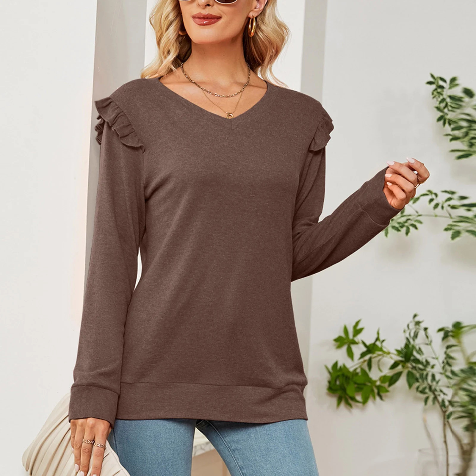 Women Casual Solid Long Sleeve Ruffles Hoodie V-Neck T-Shirt Blouse,womens work tops and blouses,... | Walmart (US)
