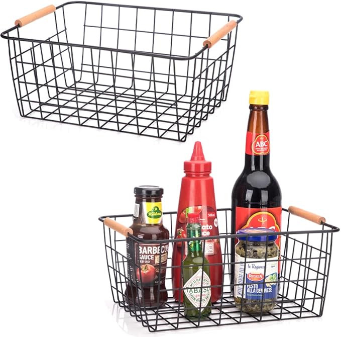 Metal Wire Food Storage Basket Organizer with Wooden Handles for Organizing pantry organizers and... | Amazon (US)