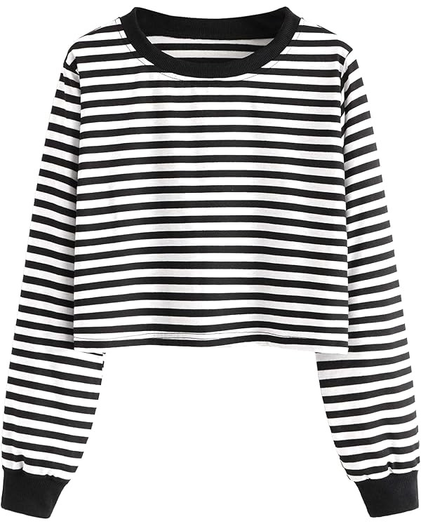 SweatyRocks Women's Casual Long Sleeve Striped Cropped T-Shirt Casual Crop Tee Top | Amazon (US)