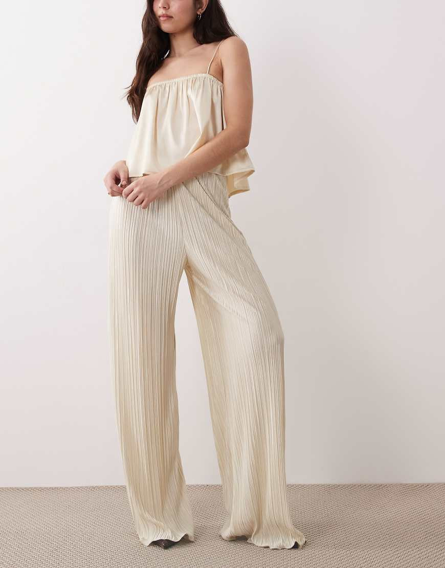 ASOS DESIGN plisse wide leg trouser co-ord in cream-White | ASOS (Global)