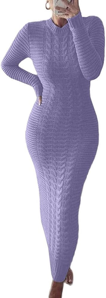 chouyatou Women's Sexy Crewneck Long Sleeve Cable Knit Bodycon Maxi Pullover Sweater Dress | Amazon (US)