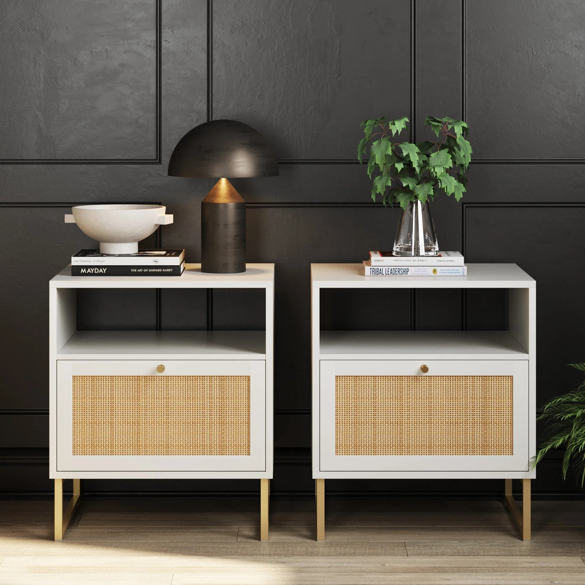 Rattan & Wood Nightstands White Set of 2 | Nathan James