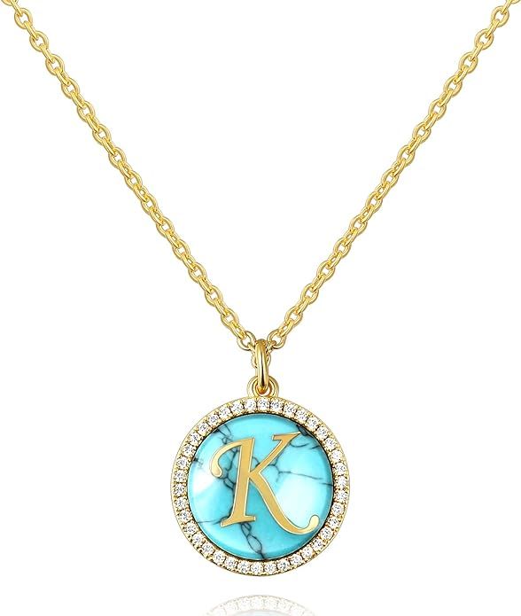 KissYan Turquoise Initial Necklace, 18K Gold Letter Pendant Dainty Jewelry Cubic Zirconia Alphabe... | Amazon (US)