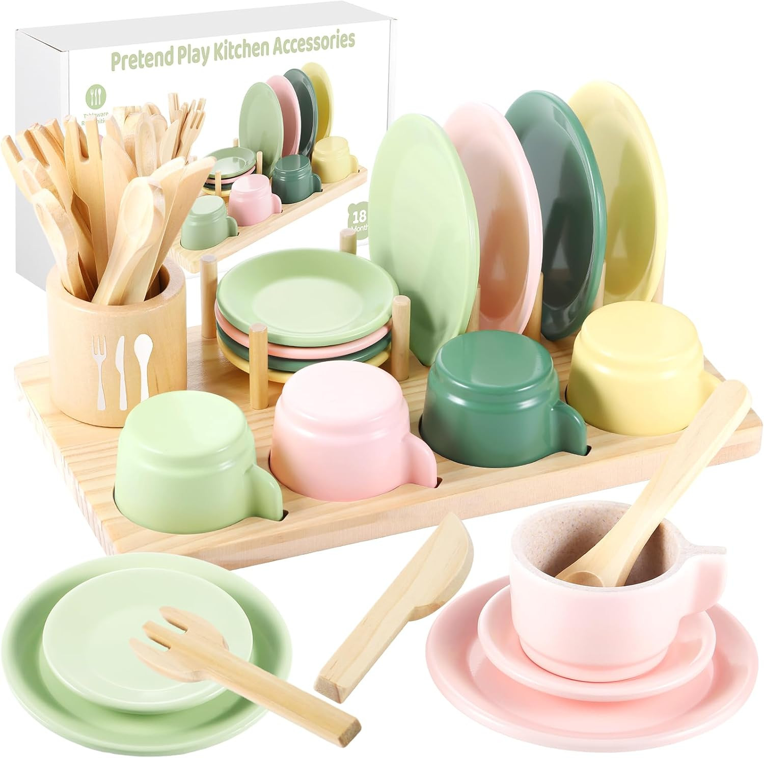 GAGAKU Wooden Play Kitchen Accessories - 25Pcs Montessori Play Dishes Set with Integrated Storage Stand, Bright Color Plates & Bowls, Pretend Cooking Toys for Ages 3-5, Educational Gift for Toddler | Amazon (US)