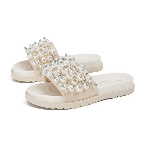 QLPOU Women's Pearl Platform Sandals Open Toe Slip-On Flatform Cute Slide Sandals for Casual Summer Beach with Soft Cushioned Footbed (Beige,8.5) | Amazon (US)