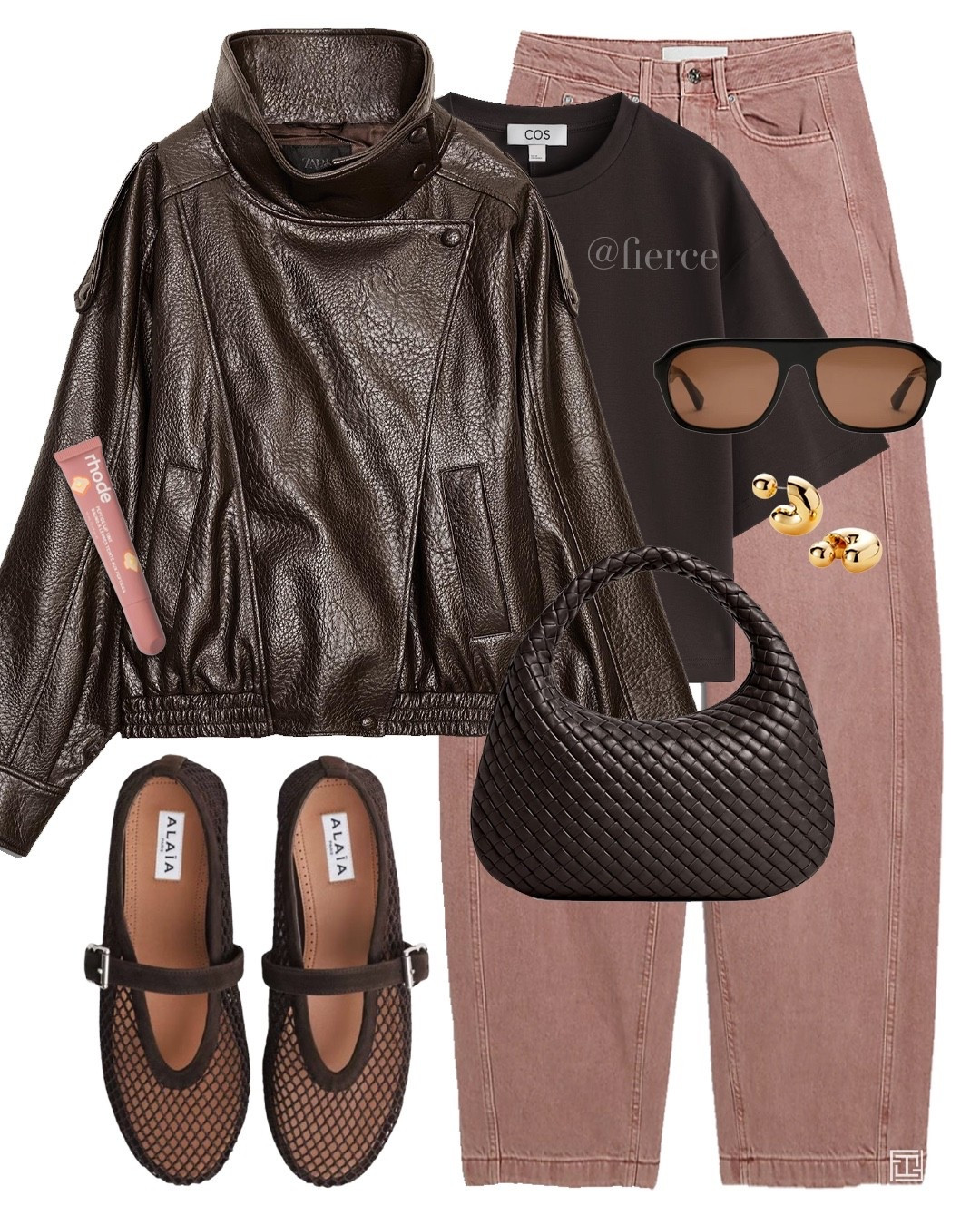 Brown leather jacket pink jeans brown tshirt brown woven bag fishnet ballet flats casual outfit 

#LTKspring #LTKuk #LTKeurope
