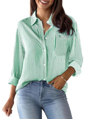 Aoudery Womens Button Down Shirts Cotton Striped Dress Shirts Long Sleeve Button Up Collared Office Work Blouses Tops-Green and White M | Amazon (US)
