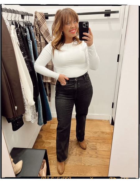 Obsessed with express mid-rise straight jeans. I’ve linked a few options here. Wearing a size 14. 

#LTKcurves #LTKCyberweek #LTKunder100