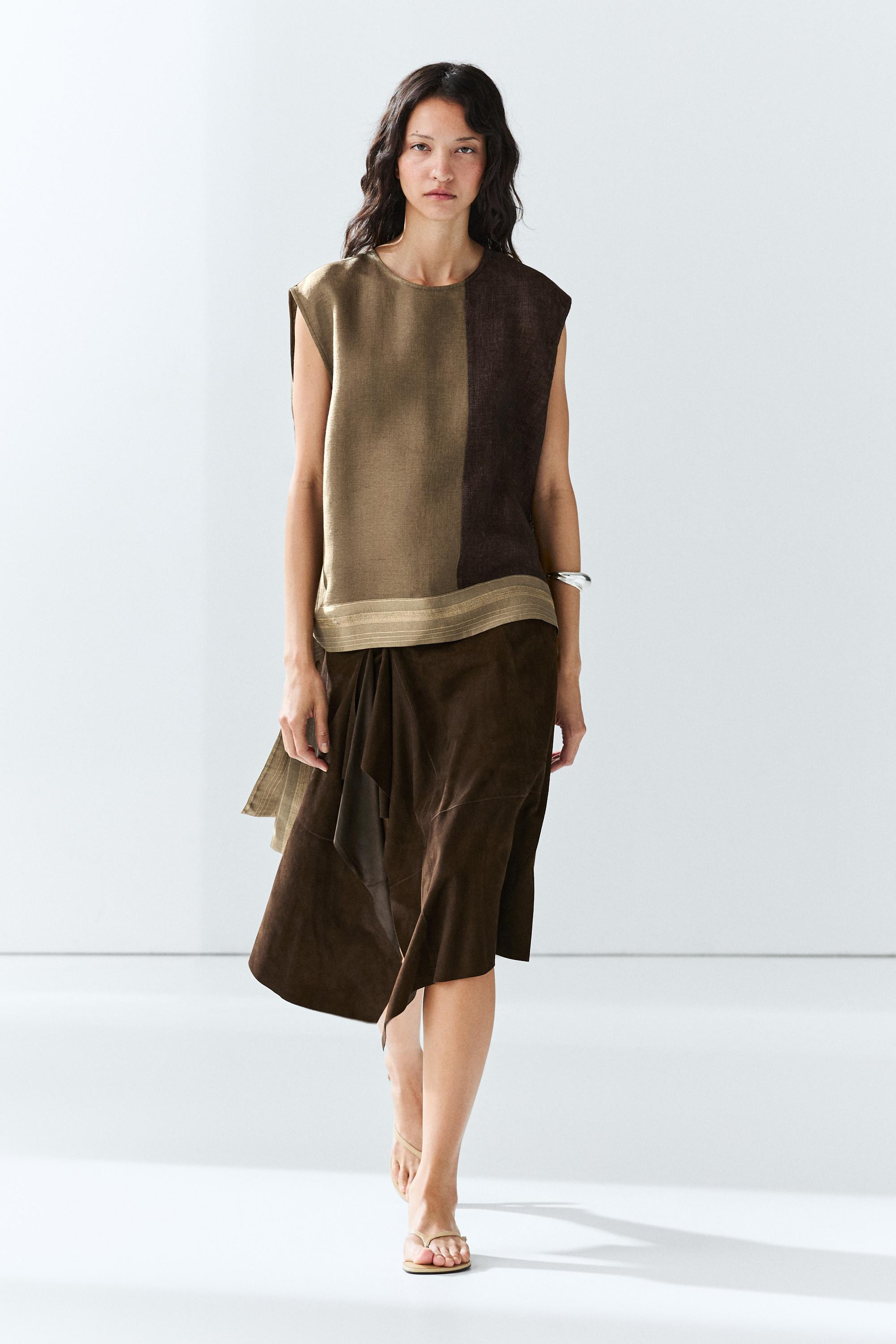 Linen-blend color-block flowing top | Massimo Dutti UK