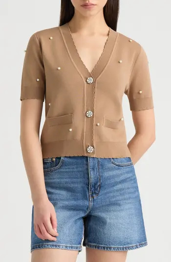 NVLT Faux Pearl Embellished Sweater Cardigan in Camel at Nordstrom Rack, Size X-Large | Nordstrom Rack