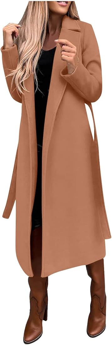 Women 2022 Winter Coats Blouse Notch Lapel Faux Wool Trench Coats Open Front Cardigan Slim Long Belt | Amazon (US)