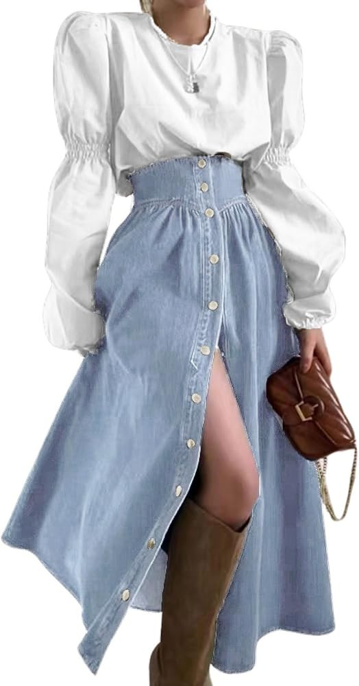 utcoco Women's High Waist Long Denim Skirt Button Down Swing A-Line Jean Maxi Skirt with Pockets | Amazon (US)