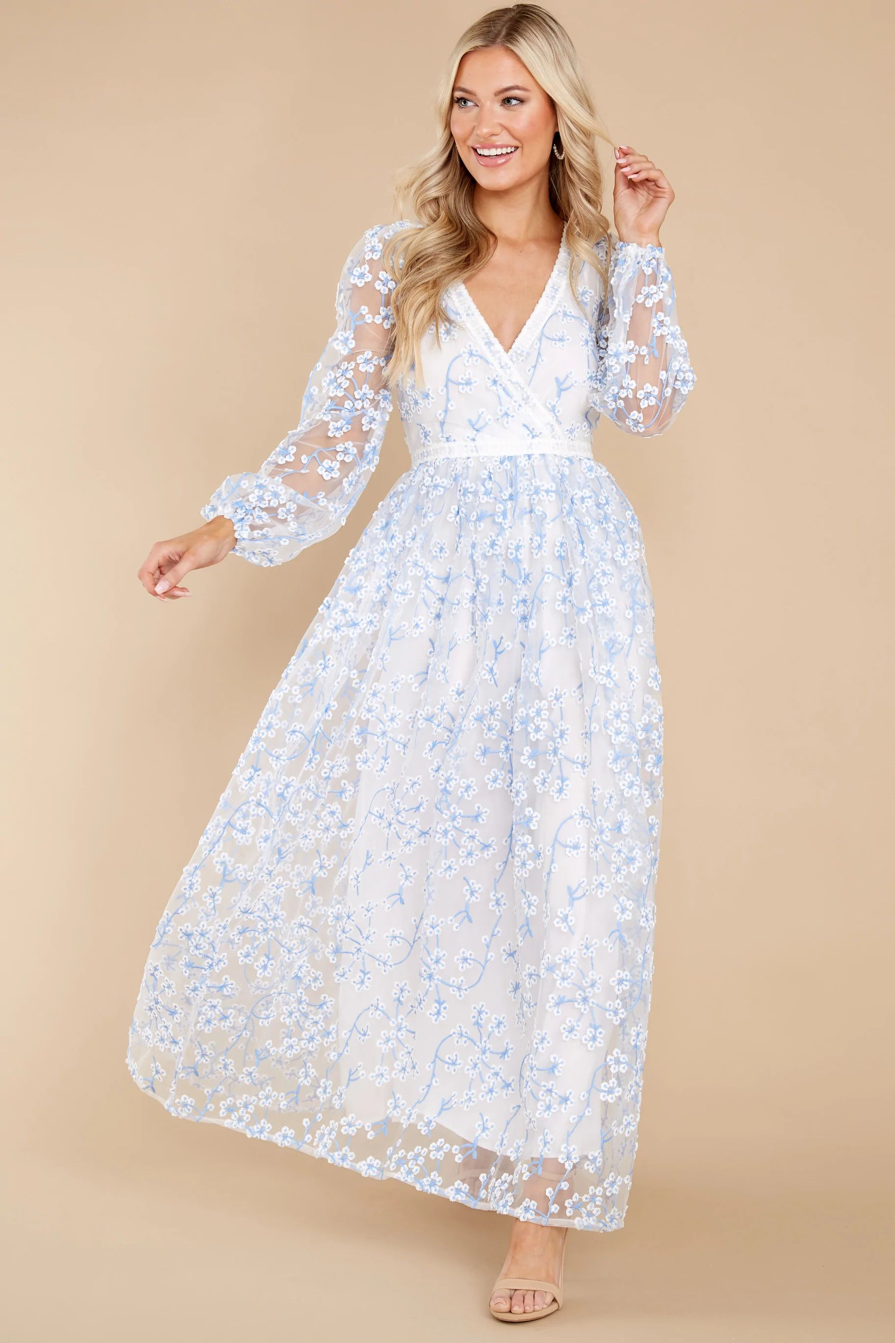Heavenly Sights Blue And White Floral Embroidered Maxi Dress | Red Dress 