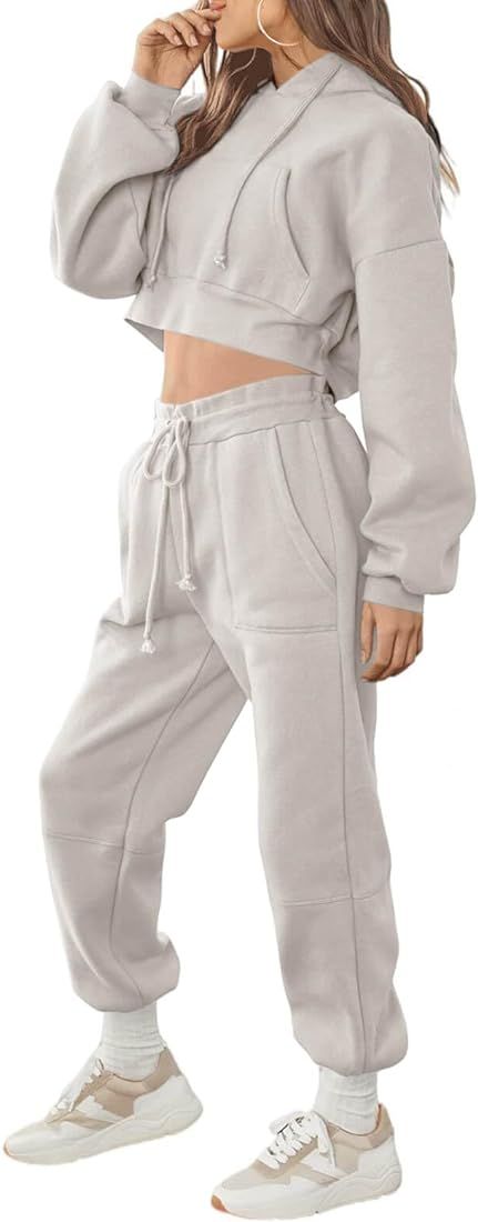 Meikulo Women Sweatsuits Sets 2 Piece Outfits Cropped Hoodie Sweatshirt and Sweatpants Long Jogge... | Amazon (US)