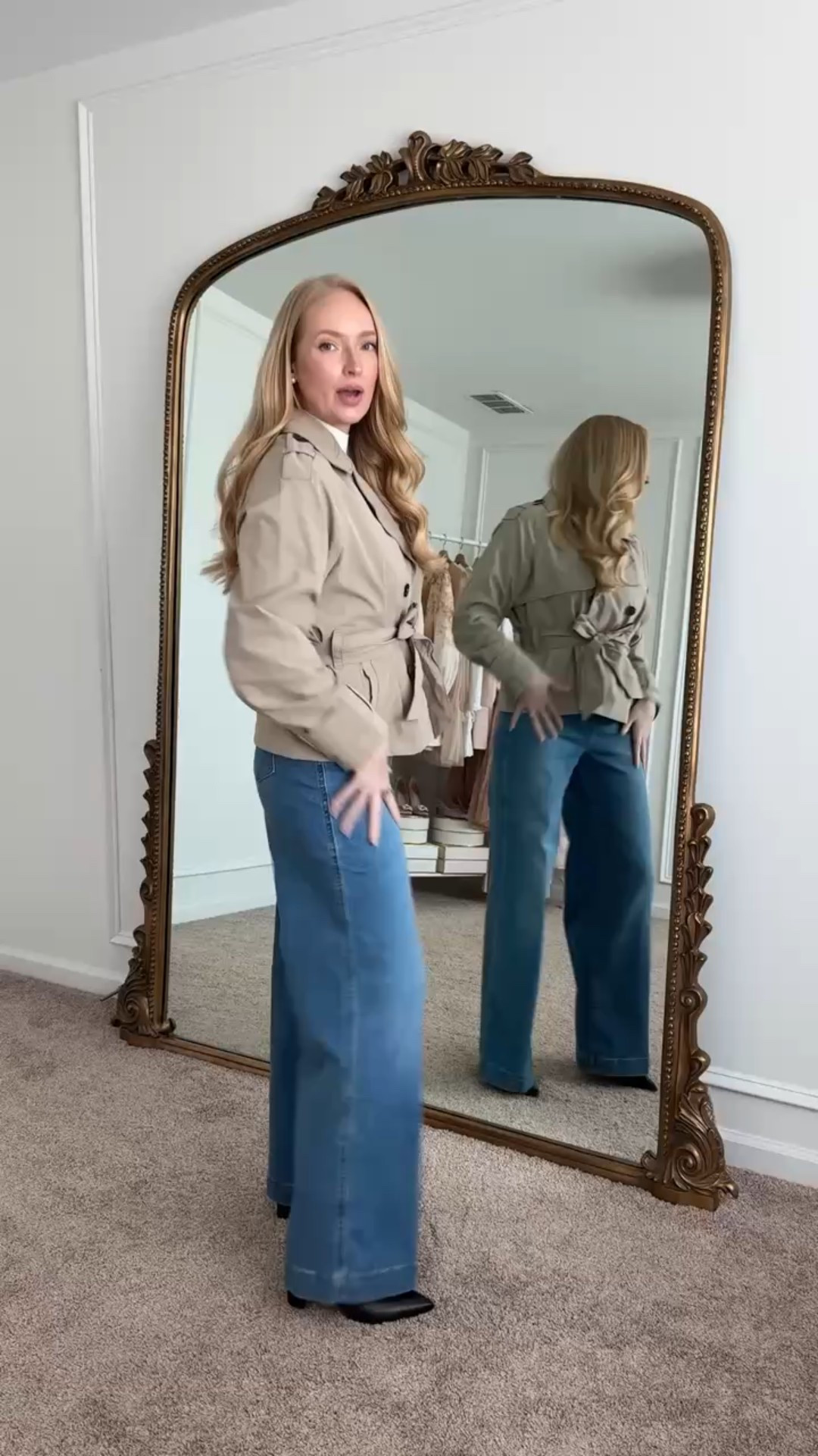 I have the cute Target cropped trench jacket paired with my new Spanxshape Everywhere wide leg jeans and dressy boots. Wearing size small in the jacket and jeans. Recommend sizing up in the jeans if in between sizes. Use my code AMANDAJOHNXSPANX for 20% off your first Spanx order. Spring outfits // transitional outfits // date night outfits // workwear // trench coats // wide leg jeans // Spanx jeans 

#LTKStyleTip #LTKSeasonal #LTKWatchNow