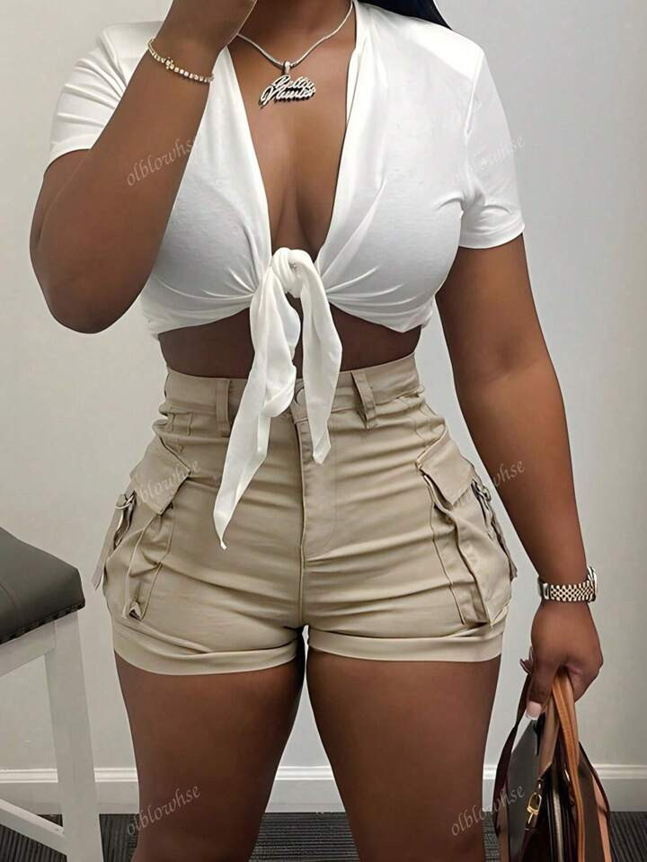 SHEIN SXY Pantalones Cortos Caqui De Verano De Cintura Alta Con Bolsillos Laterales Con Solapa | SHEIN