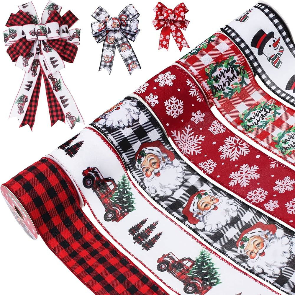 Christmas Ribbon Wired 2.5 Inch,6 Roll 30Yards Christmas Wired Ribbon,Incl. Santa/Snowman/Snowfla... | Amazon (US)
