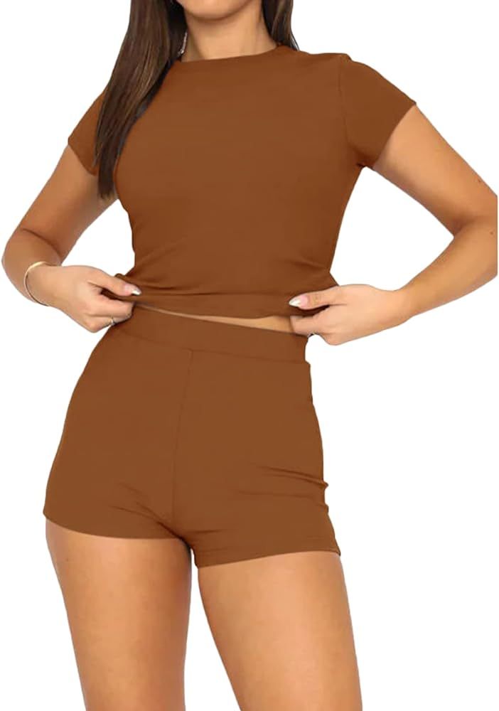 RUEWEY Women's 2 Piece Tracksuits Short Sleeve Crewneck Crop Tops High Waist Shorts Sets Yoga Out... | Amazon (US)