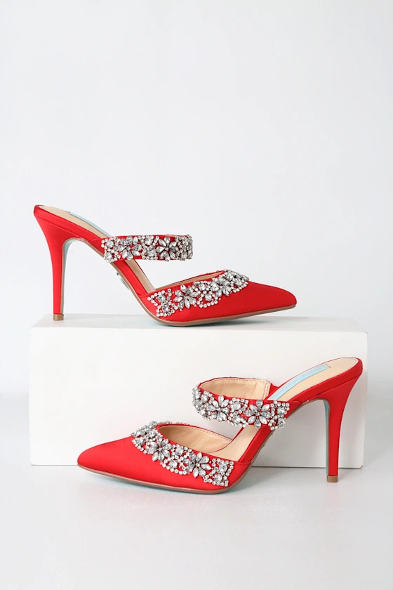 Elina Red Satin Rhinestone Pointed-Toe Mules | Lulus