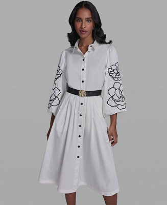 Women's Collared Button-Up Floral Embroidered-Sleeve Belted Dress | Macy's