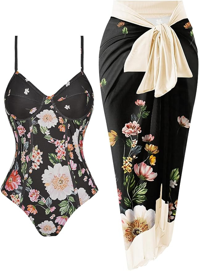 Womens One Piece Swimsuit with Cover Up Sarong Wrap Floral Bathing Suits 1 Piece Swim Suit with B... | Amazon (US)