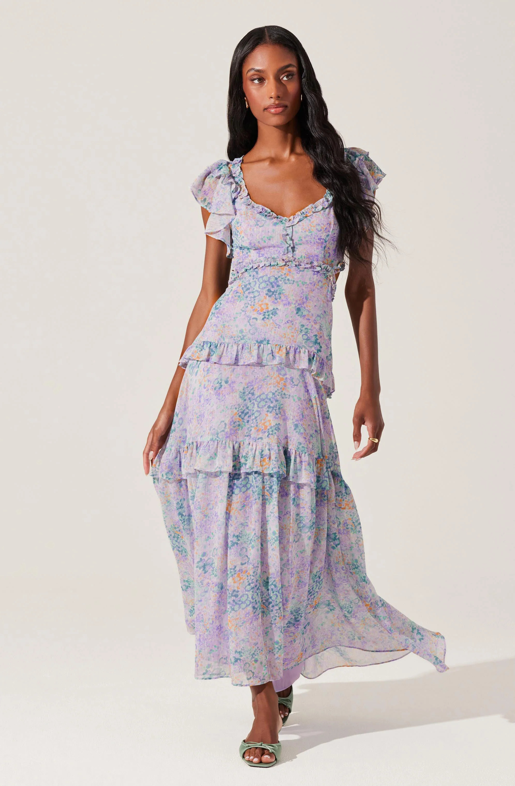 Mable Floral Tiered Ruffle Maxi Dress - Lilac green floral / XS | ASTR The Label (US)