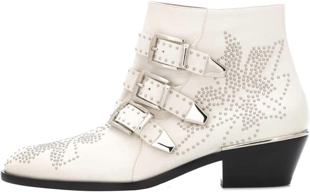 Comfity Boots for women, Women's Leather Booties Rivets Studded Shoes Metal Buckle Low Heels Ankl... | Amazon (US)