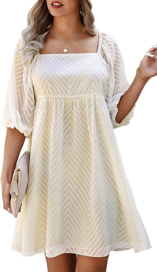 Angashion Women's Casual Lantern Sleeve Square Neck Pleated Dress Women Solid Color High Waist A-Lin | Amazon (US)