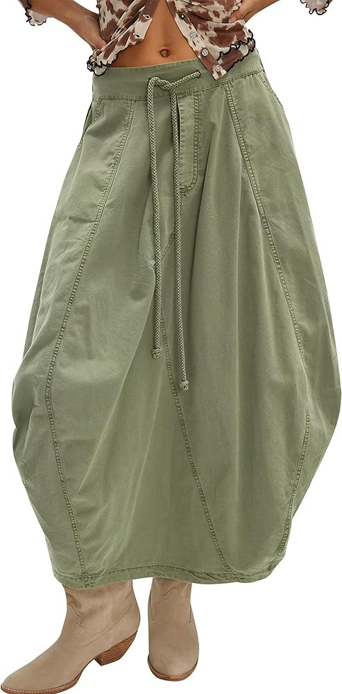 Cargo Skirt Women Cotton Maxi Skirts Baggy Drawstring Bubble Skirt Casual Poplin Parachute Skirts... | Amazon (US)