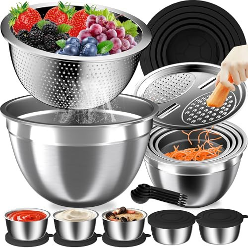 Mixing Bowls with Lids Set, 27Pcs Stainless Steel Nesting Mixing Bowls Set for Kitchen Cooking & Storage, Metal Salad Bowls with Colander, Strainer, Grater & Dressing Containers, Kitchen Gadgets Black | Amazon (US)