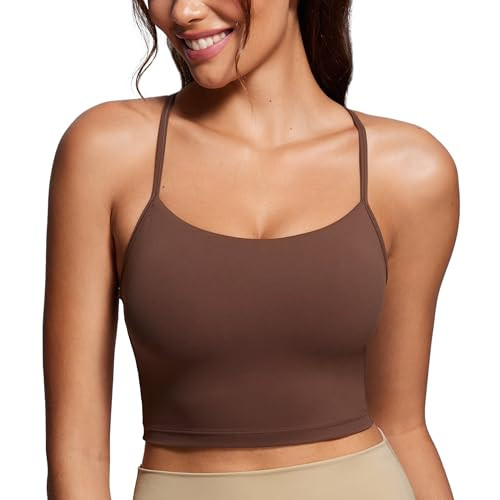 CRZ YOGA Womens Butterluxe Y Back Longline Sports Bras - Spaghetti Straps Racerback Padded Yoga Workout Crop Tank Top Coffee Brown X-Large | Amazon (US)