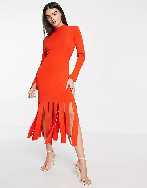 & Other Stories fitted maxi dress with cut out arm detail and fringe skirt in bright red | ASOS (Global)