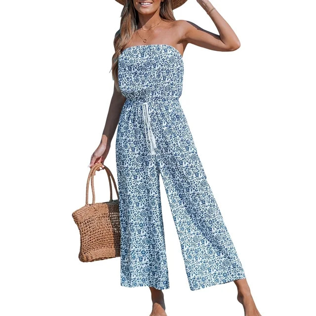 CUPSHE Women's Jumpsuit Straight Neckline Sleeveless Tassel Waist Tie Wide Leg Jumpsuit - Walmart... | Walmart (US)