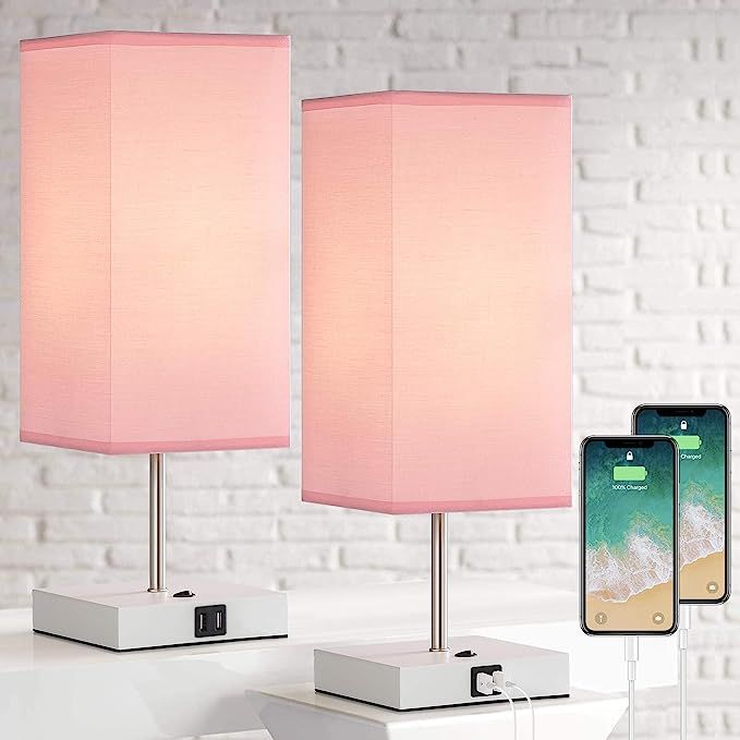 USB Table Lamp, Bedside Lamp Set of 2 with Dual Useful USB Charging Ports, Modern Pink Nightstand... | Amazon (US)