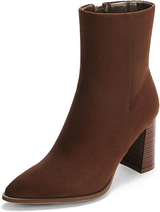 Coutgo Womens Ankle Boots Pointed Toe Chunky Stacked Heel Side Zipper Dress Fall Booties Shoes | Amazon (US)