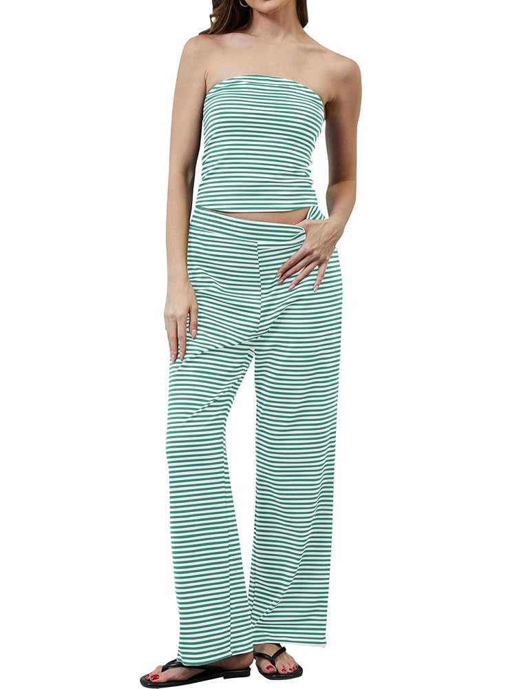 MISSACTIVER Women Two Piece Sets Striped Matching Outfits Strapless Crop Tube Top and Elastic Wai... | Amazon (US)