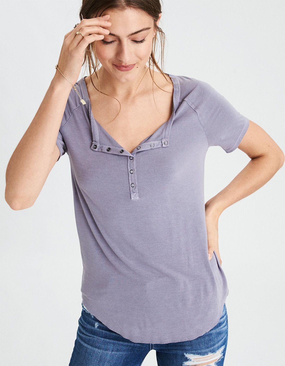 AE Soft & Sexy Short Sleeve Henley T-Shirt | American Eagle Outfitters (US & CA)