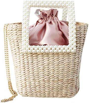 YMXLB Fashion Straw Woven Bag Handbag Shoulder Bag Beach Vacation Pearl Handbag Chain Messenger B... | Amazon (US)