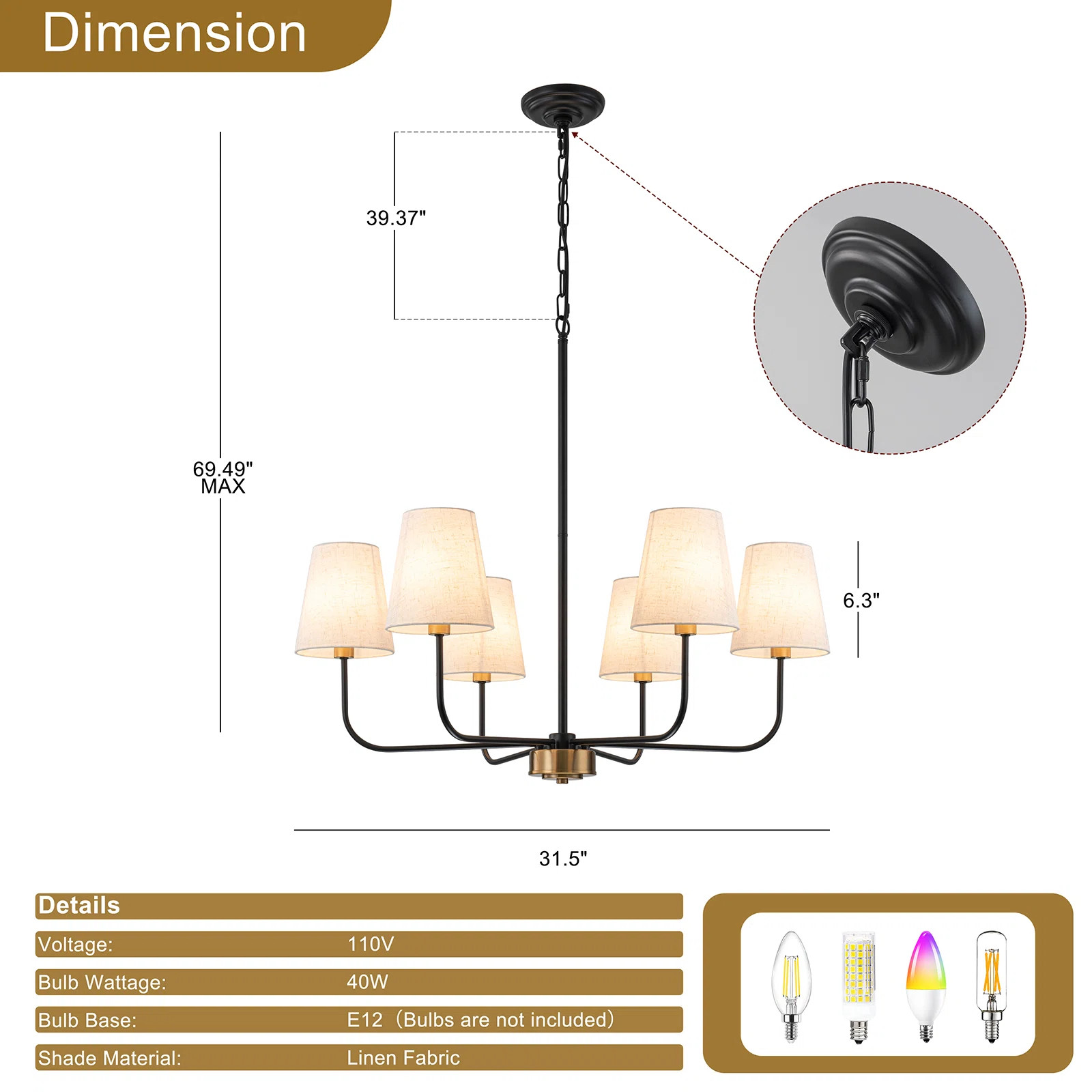 Velora 6-light Metal Chandelier With White Linen Shades | Wayfair North America