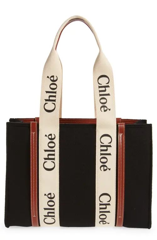 Chloé Medium Woody Logo Strap Wool Tote in Black at Nordstrom | Nordstrom