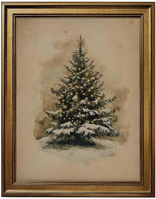 Gold Framed Vintage Christmas Tree Wall Art Decor Classic Holiday Canvas Print Poster Rustic Mood... | Amazon (US)
