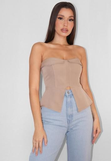 Missguided - Taupe Crepe Split Hem Bandeau Corset Top | Missguided (UK & IE)