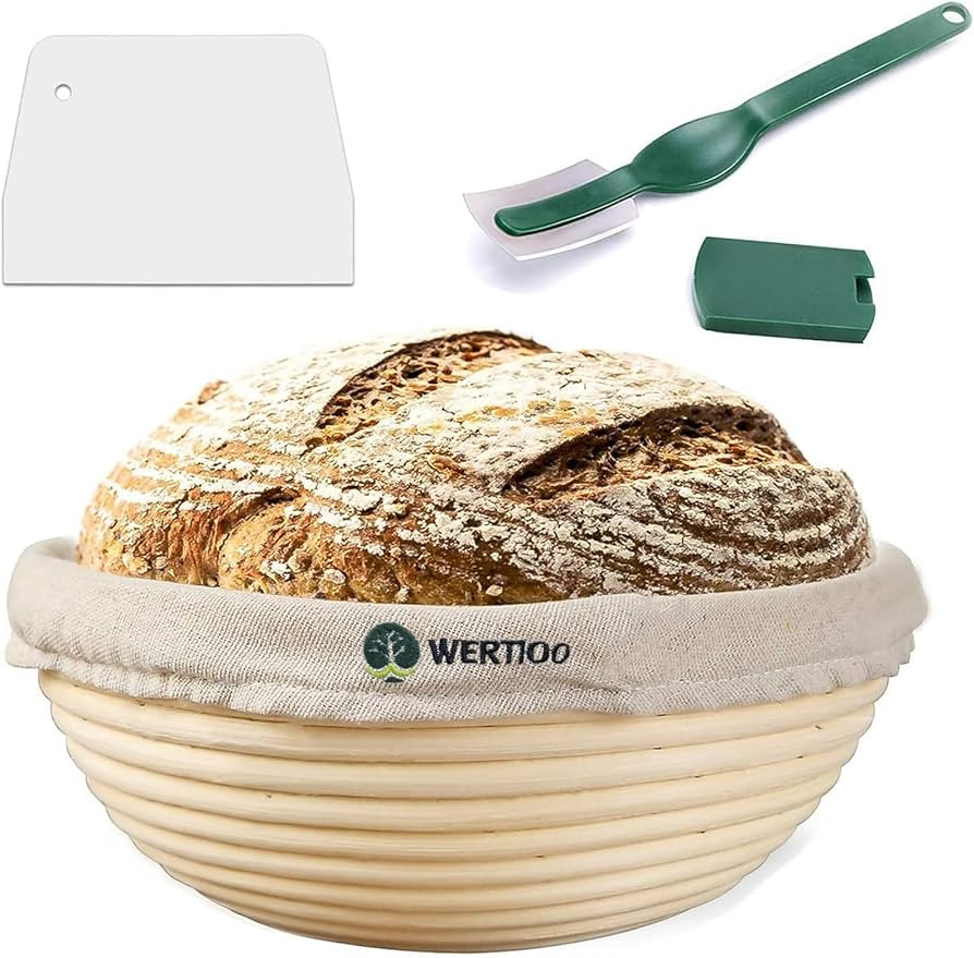 9 Inch Proofing Basket,WERTIOO Banneton Bread Proofing Basket + Bread Lame +Dough Scraper+ Linen ... | Amazon (US)