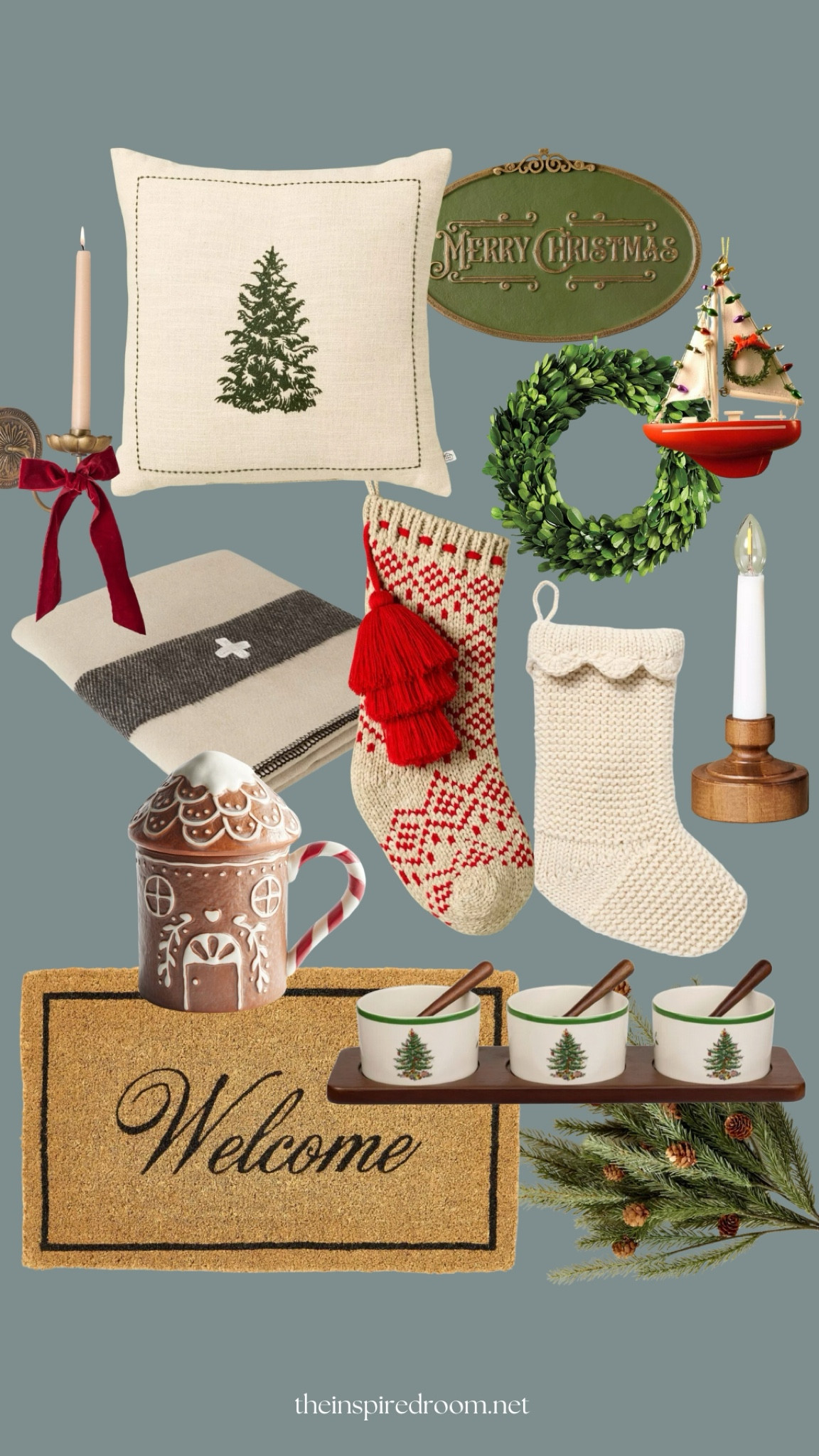 Christmas decor - pillow, stockings, boxwood wreath, sailboat ornament, window candle, candle sconce, Swiss cross blanket, gingerbread mug, welcome doormat, condiment dishes, faux greenery, merry Christmas plaque 

#LTKSeasonal #LTKHome #LTKHoliday