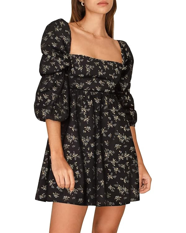 EXLURA Womens Square Neck Dress Long Puff Sleeve A-Line Casual Short Mini Dress | Amazon (US)