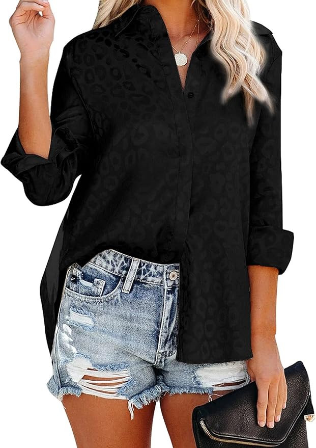Astylish Womens V Neck Satin Embossed Roll up Sleeve Button Down Blouses Top | Amazon (US)