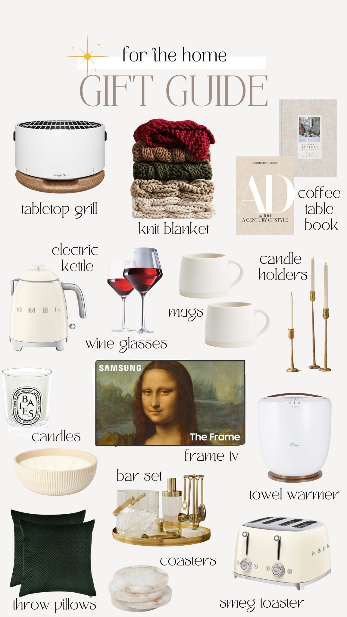 2022 holiday gift guide ideas for the home towel, warmer knit, blankets, coffee table books, smag, electric kettle wine, glasses, white mugs, gold candle holders, Samsung frame, TV, candles, gold bar set

#LTKhome #LTKSeasonal #LTKHoliday