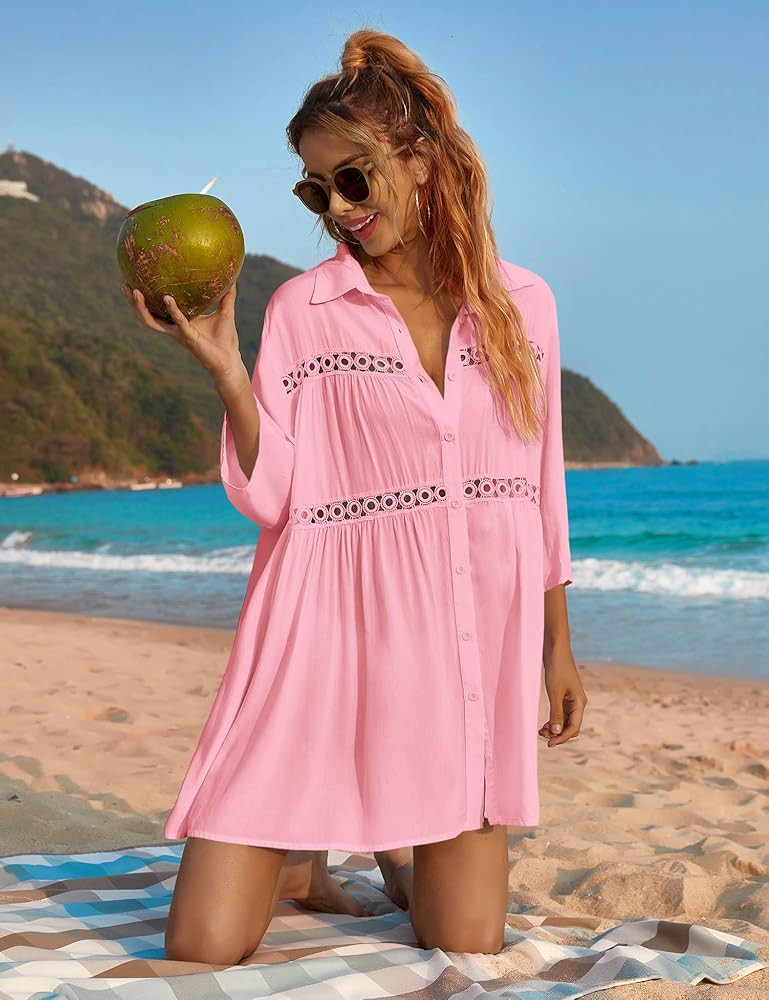 Hotouch Women's Swimwear Cover Ups Crochet Bikini Beachwear Button Down Shirts Bathing Suit Coverups | Amazon (US)